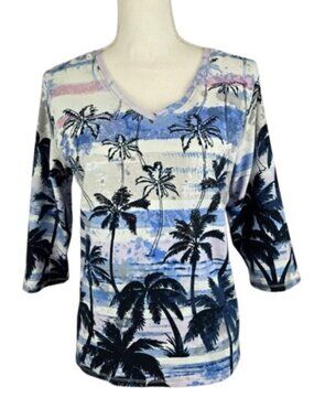Women’s Tropical Palm Tree Blouse V Neck 3 4 Sleeve Size M